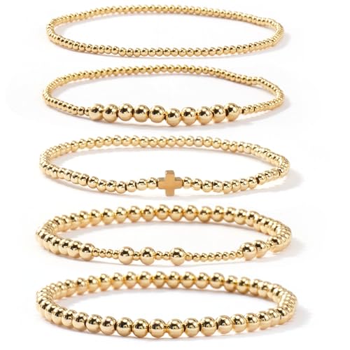 14K Gold Plated Beaded Bracelets Stack Set for Women,Stretch Boho Ball Jewelry Friendship Trendy - color: Gold