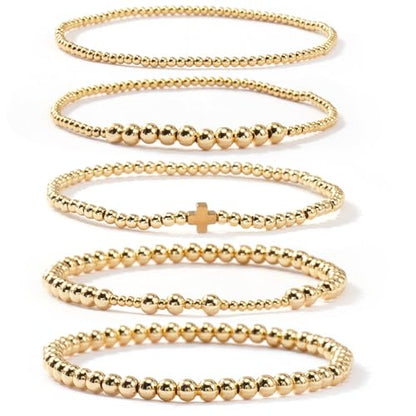 14K Gold Plated Beaded Bracelets Stack Set for Women,Stretch Boho Ball Jewelry Friendship Trendy - color: Gold