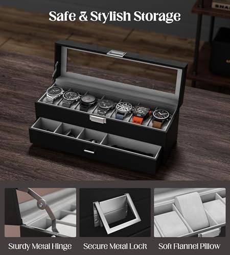 Watch Case Box for Men - 7 SLots Watches Storage Organizer Real-Glass Display Case with Jewelry Drawer 2-Layer PU Leather Collection Holder Gift for Loved Ones Black - size: 7 Slots, Black