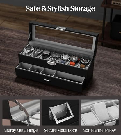 Watch Case Box for Men - 7 SLots Watches Storage Organizer Real-Glass Display Case with Jewelry Drawer 2-Layer PU Leather Collection Holder Gift for Loved Ones Black - size: 7 Slots, Black