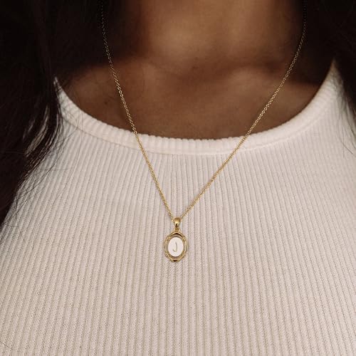 14K Gold Plated Initial Necklaces for Women, Letter Charm Pendant Necklace | Dainty Oval White Enamel Personalized Name Necklace, Trendy Jewelry with 16 inches Chain and 2 inches Extender - color: J