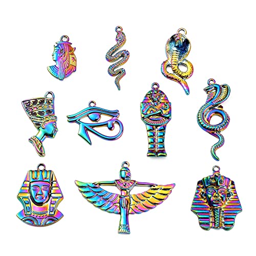 LiQunSweet 10 Pcs Vintage Rainbow Color Ancient Egypt Charms Pyramid Chief Snake Pharaoh Horus Eyes Cobra Winged Goddess Isis Charm for Jewelry Making - color: Rainbow Egypt Charms