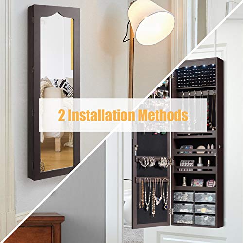 CHARMAID Jewelry Cabinet Armoire, Wall Mount Door Hanging, Lockable Jewelry Organizer with 47.5'' Full Length Mirror, 5 Lights, Large Jewelry Storage Box with 6 Acrylic Drawers (Brown)