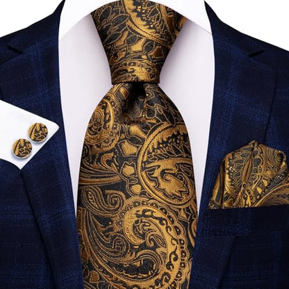 Hi-Tie Men 63inches Tie Set Extra Long Necktie Paisley Tie Pocket Suqare Cufflinks Big and Tall Men Tie - color: Black Gold Paisley