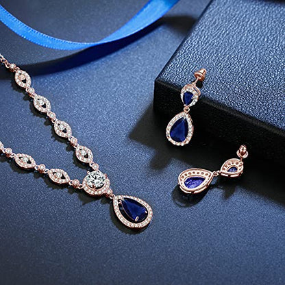 GULICX AAA Cubic Zirconia CZ Silver Plated Base Women's Party Jewelry Set Earrings Pendant Necklace - color: Blue CZ-Rose gold Plated