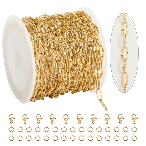 KYUNHOO 5 Meters Gold Plated Chains for Jewelry Making Sunflower Chain Link | Texture Stainless Steel Gold Jewelry Chain 8MM Long Lip Chain for Jewelry Craft DIY with Jump Rings Lobster Clasps - color: Cross Oval Gold