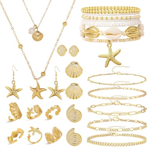 Boho Beach Jewelry Sets for Women | Summer Seashell Starfish Accessories, Necklace, Earrings, Rings Anklet - style: 24pcs Starfish Beach Set