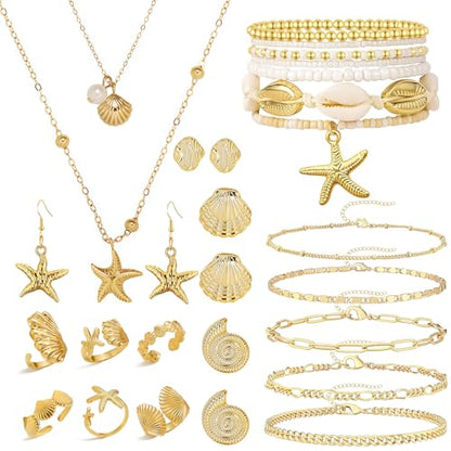 Boho Beach Jewelry Sets for Women | Summer Seashell Starfish Accessories, Necklace, Earrings, Rings Anklet - style: 24pcs Starfish Beach Set