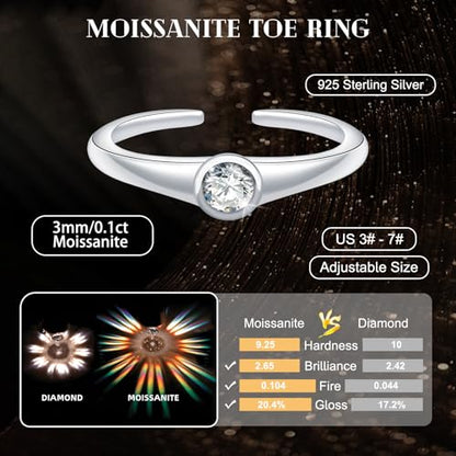 0.1CT Moissanite Toe Ring for Women - 925 Sterling Silver Moissanit Jewelry | Adjustable Bezel Set Solitaire Toe Ring D Color VVS1 Summer Beach Open Toe Rings Foot Jewelry