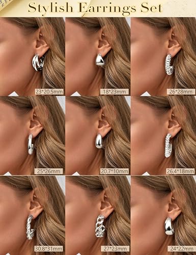 Gold Plated Clip On Earrings for Women Non Pierced Clip on Hoop Earrings | 9 Pairs 14K Gold Plated Waterdrop Chunky Hoop Earrings CZ Twist Statement Earring Set Hypoallergenic Fake Earring Jewelry - color: Silver