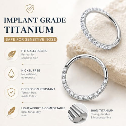 2PCS 16G Titanium Nose Rings for Women, Nostril and Septum | F136 Implant Grade Titanium, Hypoallergenic, 1.2 mm ×8 mm, Faceted and CZ Hinged Clicker Hoops for Nostril or Septum - color: Style A Silver-10mm