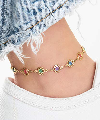 Barzel 18K Gold Plated Gold and Multi Color Crystal Baguette Anklet - color: Flower Multicolor