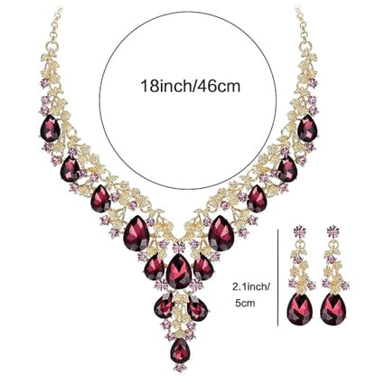 Bridal Bridesmaid Austrian Crystal Jewelry Set, Floarl rhinestone Statement Neckace Teardrop Necklace Drop Dangle Earrings Set - color: Amethyst-Gold Tone