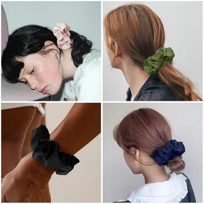 6PCS 100% Mulberry Silk Scrunchies Set, 2 Large and 4 Thin Silk Hair Ties for Women, No Damage Hair Accessories (Black, Olive Green, L) - color: Color 02