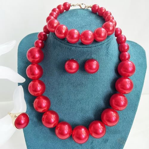 Chunky Beaded Jewelry Set, Necklace Earrings Bracelet Ring for Women Party | Simulated pearl jewelry set, necklace earrings bracelet & ring. Elegant chunky beaded, ideal gift for wedding and daily wear. - color: Red