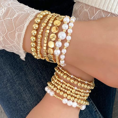 KISS WIFE Gold Beaded Bracelets for Women, Stackable Stretch Bracelet Set | 13 stretch bracelets combine polished gold-tone beads and faux pearls for stacked or individual everyday styling. - color: Gold