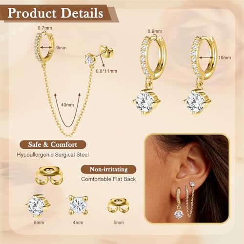 14K Gold Hoop Dangle Stud Earrings Surgical Steel Helix Piercing | Hypoallergenic,Cubic Zirconia,3 Pairs Huggie Hoop Set for Women,Dangle Stud,Cartilage Tragus Conch Earring,Jewelry Gift - color: A3-Gold Chain Earrings