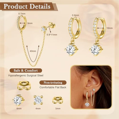 14K Gold Hoop Dangle Stud Earrings Surgical Steel Helix Piercing | Hypoallergenic,Cubic Zirconia,3 Pairs Huggie Hoop Set for Women,Dangle Stud,Cartilage Tragus Conch Earring,Jewelry Gift - color: A3-Gold Chain Earrings