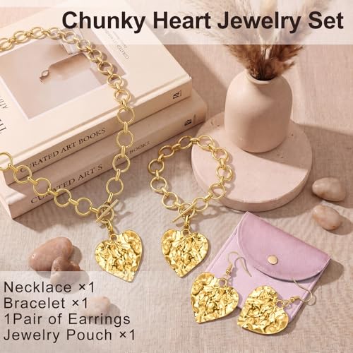 Kingdder 4 Pcs 14k Gold Plated Chunky Gold Heart Jewelry Set for Women Hammered Necklace Bracelet Earrings Set Bold Chunky Heart Pendant Trendy Statement Summer Beach Jewelry Gifts