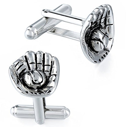 HAWSON Metal Cufflinks and Tie Clip Set for Men Novelty Cuff Links and Tie Bar Gifts for Wedding Level,Football, Musical Symbols Designs - color: Silver Baseball