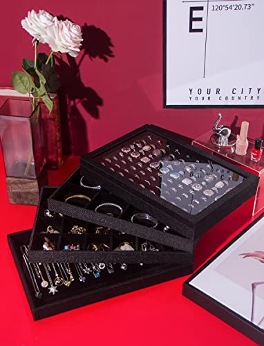 Julysky 5 Pcs/set Stackable Jewelry Organizer Trays with Glass Lid,100 Slots Ring Holder,Bracelet Displays Stand for Selling Necklace Earring Rack - size: 100slot+Necklice+12grid+24grid+glass lid