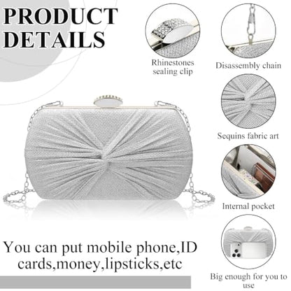 Quelay 4 Pcs Purse Rhinestone Jewelry Set Women | Wedding Bridal Prom Jewelry Sparkly Clutch Handbag with Necklace Bracelet Dangle Earrings Shiny Costume Kit - color: Silver, style: Twisted Pleated
