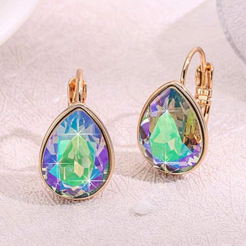 Austrian Crystal Teardrop Leverback Drop Earrings for Women | 14K Gold-Plated Finish, Sparkling Pear Stone, Smooth Bezel Frame, Secure Leverback Closure, Dainty Day-To-Evening Style - color: Rainbow