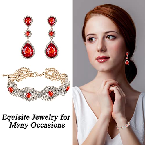 Paxuan Silver/Gold Plated Bridal Wedding Rhinestone Earrings Bracelet Set for Wedding Brides Bridesmaids Crystal Stone Dangle Drop Earrings Link Tennis Bracelet Set for Women Wedding - color: Red - Bracelet and Earrings Set