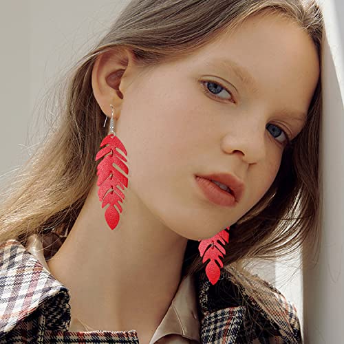Handmade Unique Lightweight Bohemian Genuine Leather Leaf Dangle Drop Earrings Dainty Sparkly Chain Feather Hook Earring for Women Statement - color: Red