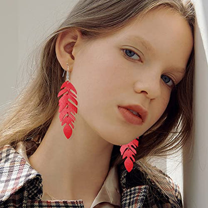 Handmade Unique Lightweight Bohemian Genuine Leather Leaf Dangle Drop Earrings Dainty Sparkly Chain Feather Hook Earring for Women Statement - color: Red