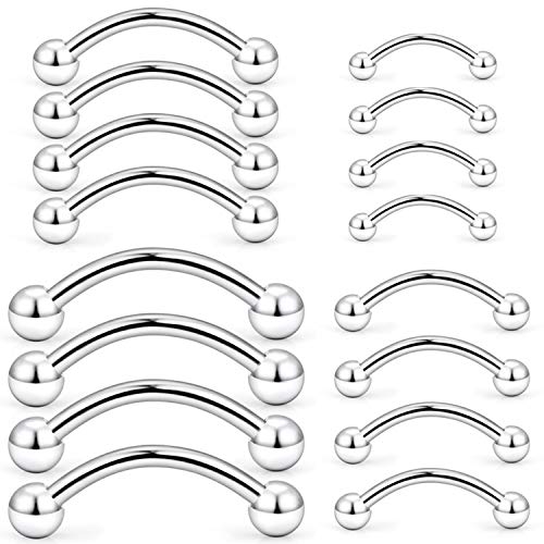 Hoeudjo Eyebrow Piercing Jewelry 16G Surgical Steel Curved Barbell with Ball Kit Tragus Ring Piercings Jewelry 16-24Pcs 6mm 8mm 10mm 12mm - color: 16Pcs-16G-Silvertone