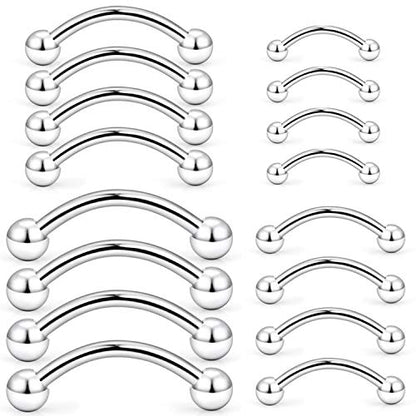 Hoeudjo Eyebrow Piercing Jewelry 16G Surgical Steel Curved Barbell with Ball Kit Tragus Ring Piercings Jewelry 16-24Pcs 6mm 8mm 10mm 12mm - color: 16Pcs-16G-Silvertone