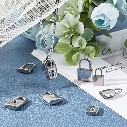SUNNYCLUE 1 Box 9 Styles Silver Lock Charms Stainless Steel Padlock Pendants Mini Hollow Key Hole Lock Metal Charm for Valentine's Day Gifts Necklaces Earrings DIY Crafts Making Supplies