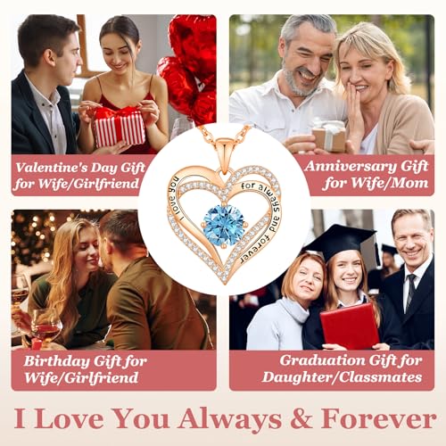 CDE Engraved Forever Love Heart Birthstone Necklace Jewelry Gifts for Women | Hypoallergenic,Nickel-Free & Lead-Free,3 x 3 mm 5A CZ Heart Pendant,Anniversary Christmas Birthday Gift for Girlfriend Wife - color: 03-Mar, style: Rose Gold Plated