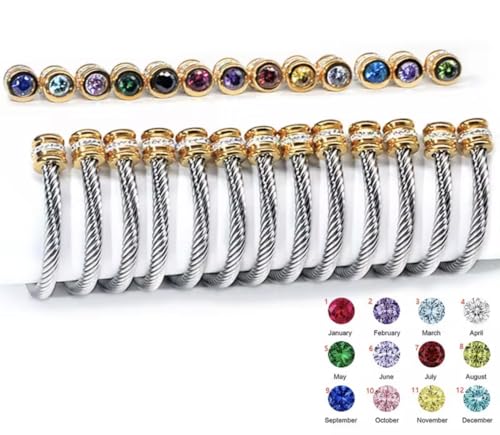 Birthstone Cable Cuff Bracelet for Women - Adjustable Open Cuff, Two-Tone Gold & Silver Twisted Bangle, Classic Stackable Jewelry Gift - color: Diamond