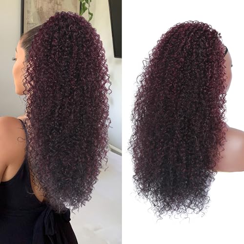 Alebery 27 Inch Drawstring Ponytail Extension for Black Women Deep Curly Ponytail Extension Synthetic Mixed with Human Hair Hairpieces Afro Kinky Curly Pony Tail for Daily Use (Burgundy) - color: Burgundy, size: 27 Inch