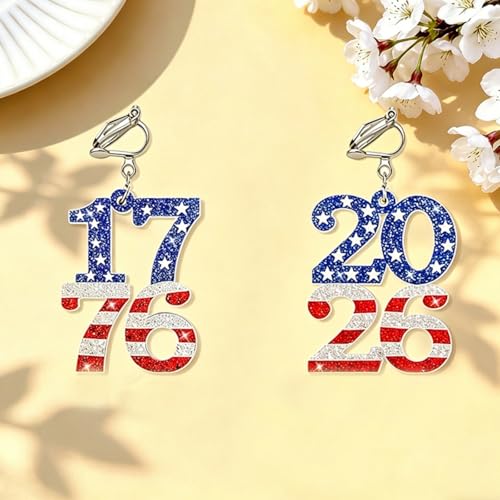 4th of July Independence Day Clip on Earring for Women American Flag Dangle Earrings Patriotic Red White Blue USA Earring, Pave Crystal Stud - color: blue 50
