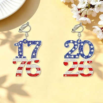 4th of July Independence Day Clip on Earring for Women American Flag Dangle Earrings Patriotic Red White Blue USA Earring, Pave Crystal Stud - color: blue 50