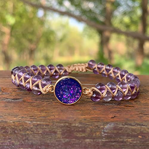 YGLINE Stone Bead Yoga Meditation Bracelet Healing Crystal Double Layer Natural Gemstone Beaded Relax Anxiety Bracelets for Women Men - color: purple