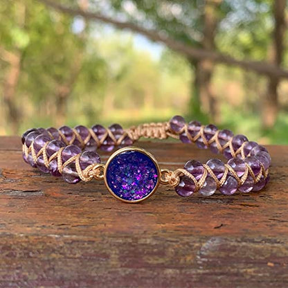 YGLINE Stone Bead Yoga Meditation Bracelet Healing Crystal Double Layer Natural Gemstone Beaded Relax Anxiety Bracelets for Women Men - color: purple