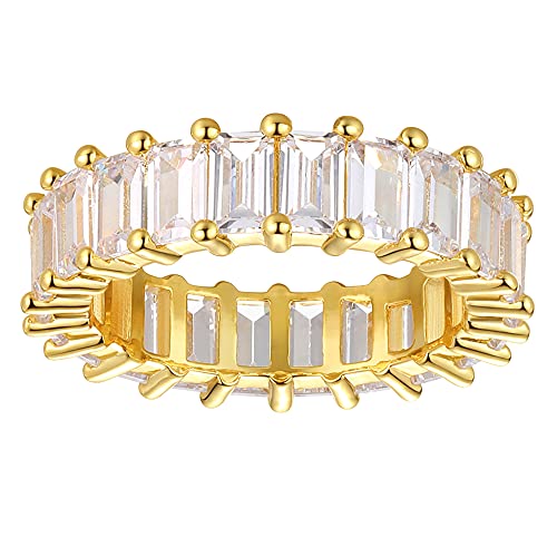 Nossa Green Emerald Band (5 Carat) 18K Gold Plated Claw Prong | Rectangle Emerald Cut Eternity Band CZ Ring - color: Transparent CZ