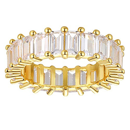 Nossa Green Emerald Band (5 Carat) 18K Gold Plated Claw Prong | Rectangle Emerald Cut Eternity Band CZ Ring - color: Transparent CZ
