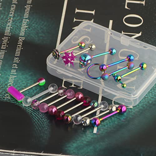 14G Surgical Steel Tongue Rings for Women Men Acrylic Clear Tongue Piercing Jewelry Teaser Slave Ring Skull/Flower/Silicone Soft Spike Ball/CZ/Door Knocker/Pill Tongue Barbell Bars 5/8inch - color: 16pcs mix
