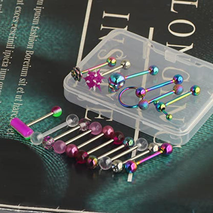 14G Surgical Steel Tongue Rings for Women Men Acrylic Clear Tongue Piercing Jewelry Teaser Slave Ring Skull/Flower/Silicone Soft Spike Ball/CZ/Door Knocker/Pill Tongue Barbell Bars 5/8inch - color: 16pcs mix