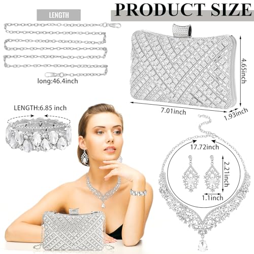 Quelay 4 Pcs Purse Rhinestone Jewelry Set Women | Wedding Bridal Prom Jewelry Sparkly Clutch Handbag with Necklace Bracelet Dangle Earrings Shiny Costume Kit - color: Silver, style: Luxurious