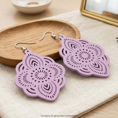 Boho Black Filigree Dangle Earrings for Women, Lightweight Hollow Lace Drop, Wood, 3.34" x 1.69", Bohemian Jewelry - color: Light Purple