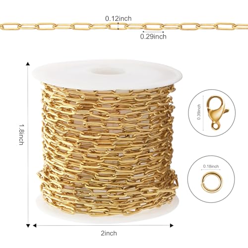 Kyutong 5M Gold PVD Plated Necklace Chain for Jewelry Making | 304 Stainless Steel Jewelry Chain Roll 3MM Paperclip Chain Link with Jewelry Clasps Men Women Handcraft DIY Jewelry Findings - color: 3mm Paperclip Gold