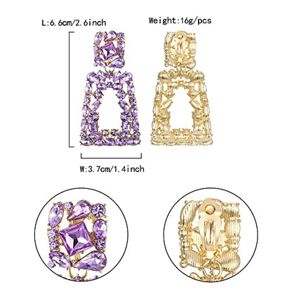 Flyonce Rectangle Clip-on Drop Earrings for Women, Sparkly Rhinestone Crystal Geometric Statement Non Pierced Earring Wedding Prom Party Jewelry for Brides Bridesmaid - color: Lavender Purple