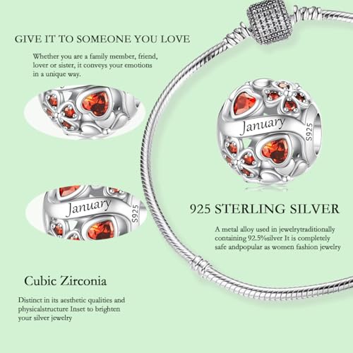 925 Sterling Silver Lucky Clover Birthstone Charms for Bracelets Dangle Pendant with 5A Cubic Zirconia Compatible Pandora Bracelets, Ladies Birthday Gift - style: 1-January