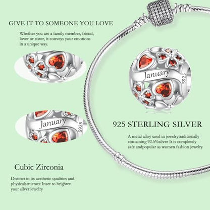 925 Sterling Silver Lucky Clover Birthstone Charms for Bracelets Dangle Pendant with 5A Cubic Zirconia Compatible Pandora Bracelets, Ladies Birthday Gift - style: 1-January
